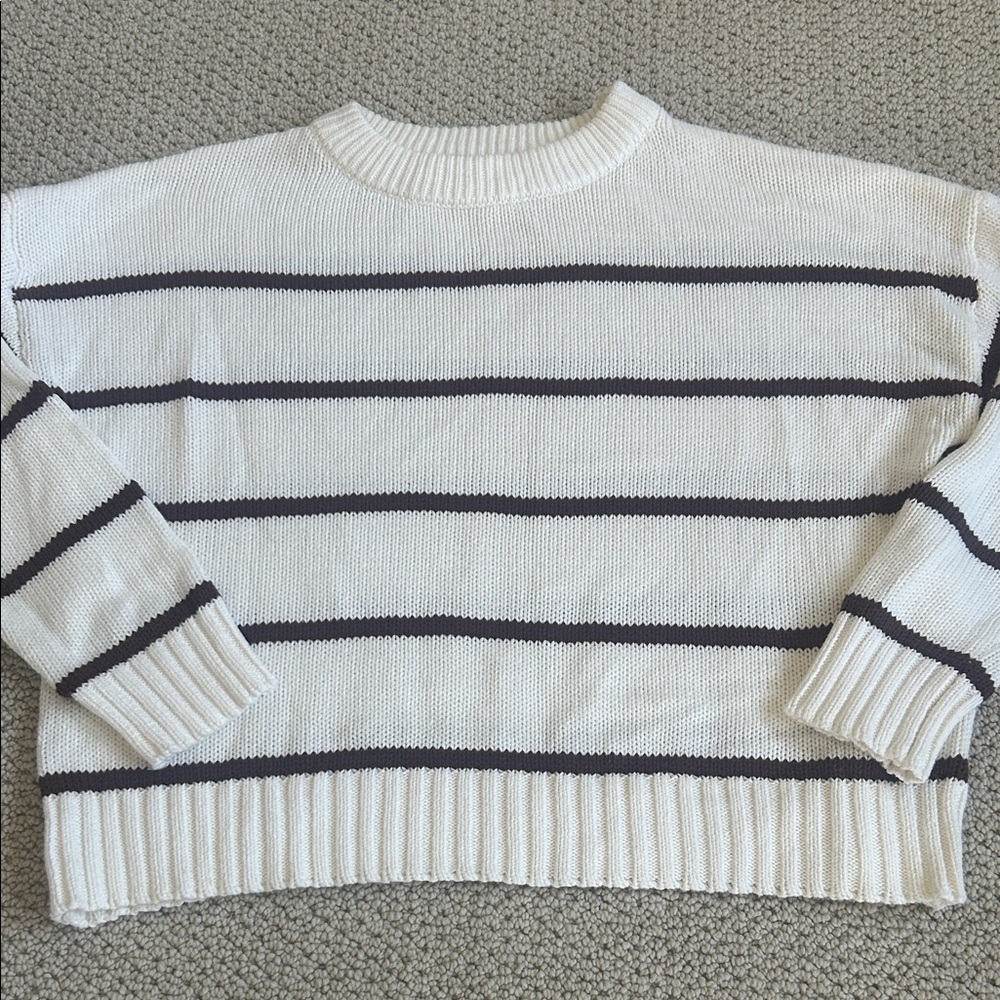 Classic Striped Crew Neck Sweater - White and Dark Brown
